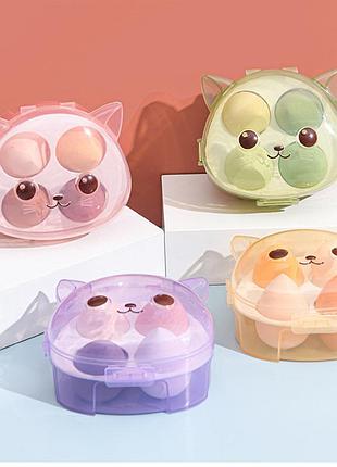 Спонж яйцо для макияжа набор 4 шт в коробке котик зеленый