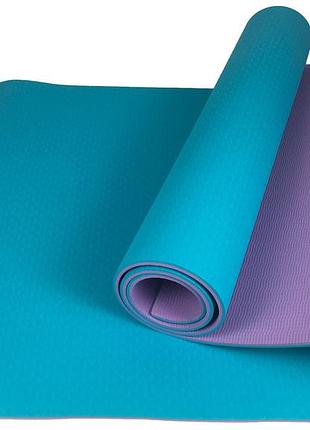 Коврик для йоги и фитнеса easyfit tpe+tc 6 мм двухслойный мятный-фиолетовый