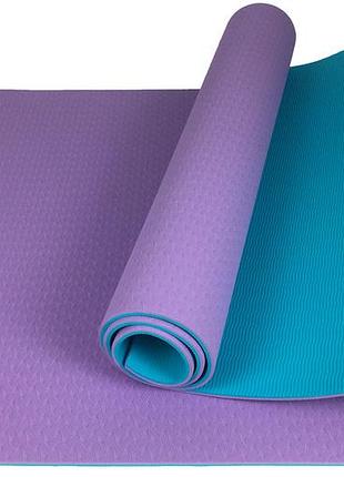 Коврик для йоги и фитнеса easyfit tpe+tc 6 мм двухслойный фиолетовый-мятный