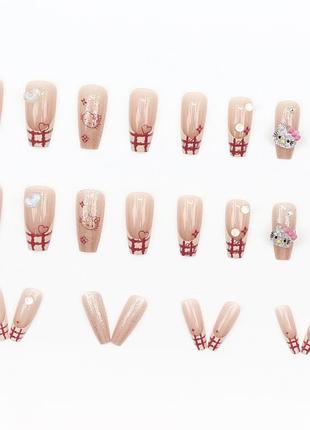 Накладные ногти длинные hello kitty с клеем d871 розовый 24 шт (a9477)
