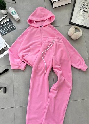 Жіночий флісовий спортивний костюм кофта зіп худі на бливскавці з капюшоном та кишенями та штани вільного крою на резинці з кишенями позаду