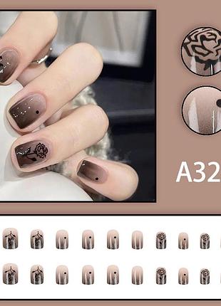 Накладные ногти с клеем a3258 черный с розами 24 шт (a9586)