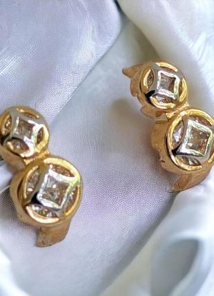 Сережки класичні золотисті xuping медичне золото ксюпінг 1.5 см ажур золотисте з сріблястим