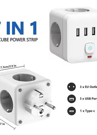 Мережевий фільтр розгалужувач трійник 7 в 1 3eu розетки з вимикачем + usb-c + 4 usb-a 4000w/16a білий