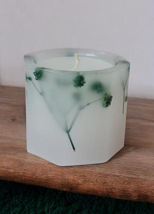 Природна гармонія - свічка 5*5,5 см з зеленою гіпсофілою, 15 годин горіння, з ароматом м'ята