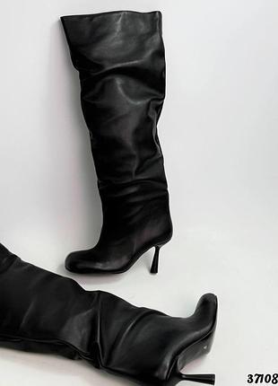 Женские сапоги на каблуке, натуральная кожа, черный, флис, 36-40р