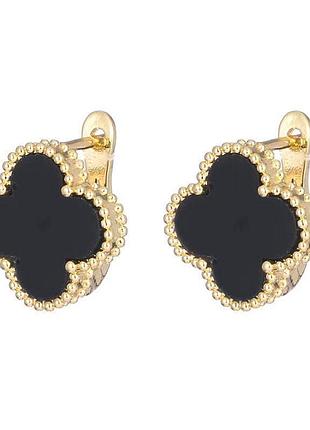 Женские серьги клевер в стиле van cleef ван клиф с черным камнем
