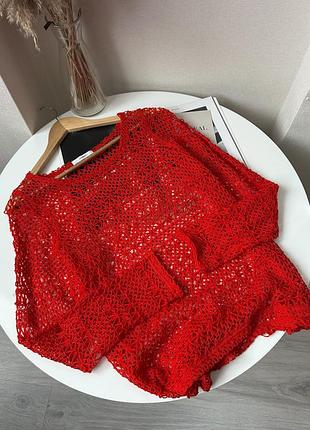 Червоний вʼязаний светр сітка лонг мереживо