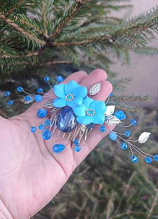 Свадебная веточка для волос с голубыми цветами, кристаллами и стразами, украшение для невесты, аксессуар для п