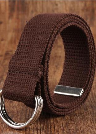 Ремень коричневый тканевой с кольцевой пряжкой d-ring, пояс унисекс 115х3.2 см