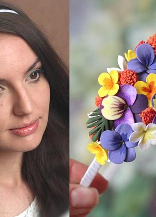 "яркий аметист" обруч/веночек с цветами ручной работы и з полимерной глины