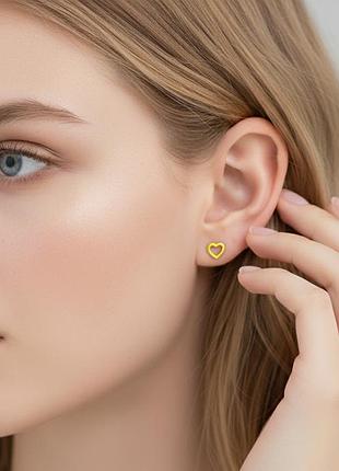 Серьги-гвоздики пустые сердечки серебряные на закрутках, маленькие сережки минимализм, родий и позолота лимонна позолота