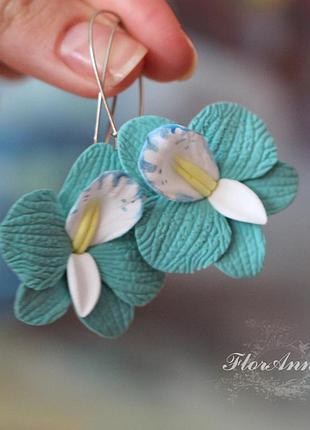 Авторські сережки "бірюзові орхідеї" ручної роботи з полімерної глини