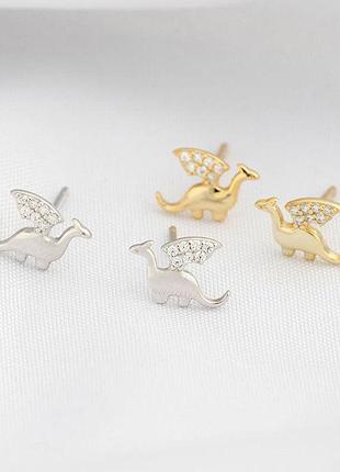 Серьги дракон с крыльями из фианитов, маленькие сережки, серебряное покрытие 925 пробы или позолота 18к