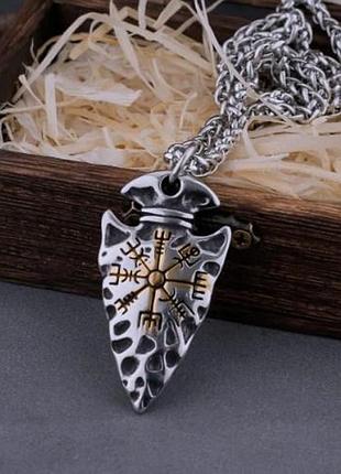 Кулон с цепочкой мужской подвеска викингов амулет стальной золотистый