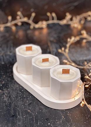 Набор ароматических соевых свечей в гипсовых кашпо mini 2.0 на подставке orgazmiс