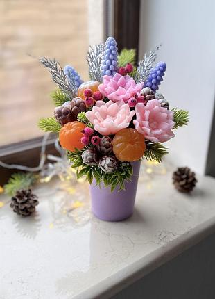 Букет із мильних квітів і мандаринок «зимова ніжність» — ручна робота