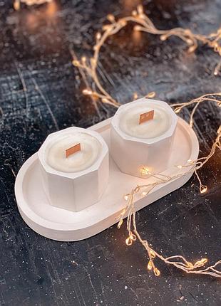 Набор ароматических соевых свечей в гипсовых кашпо mini 2.0 на подставке сitrus & wood