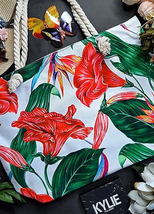 Пляжная сумка большая с узорами женская красные цветы