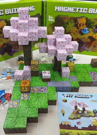 Магнитный конструктор minecraft сад сакуры 128шт + 4шт фигурки майнкрафт детский конструктор на магнитах