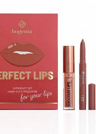 Подарунковий набір для губ bogenia perfect lips 3-product set, помада-олівець, блиск для губ, олівець для губ