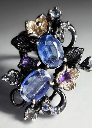 Кольцо серебряное с кианитами, аметистами и топазами, ручная работа