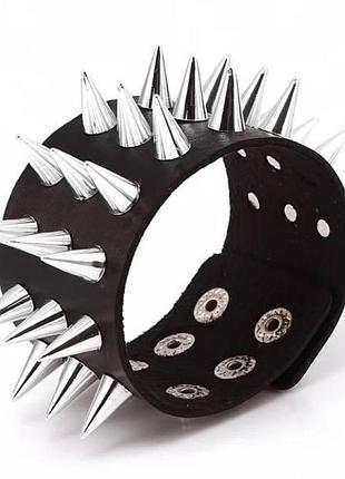 Рок браслет с шипом. три ряда шипов, черный