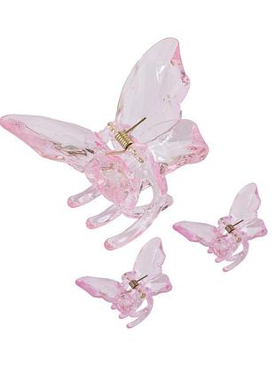 Набор большой крабик для волос + 2 маленьких заколки бабочки розовый