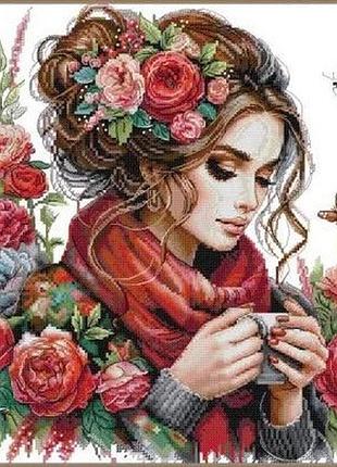 Набор для вышивания крестиком " прекрасная девушка и розы", канва 40 х 40 см