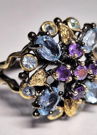 Кольцо серебряное с природными аметистом и топазами, ручная работа