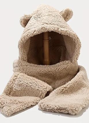 Шапка шарф плюшева бежева з вушками ведмедя