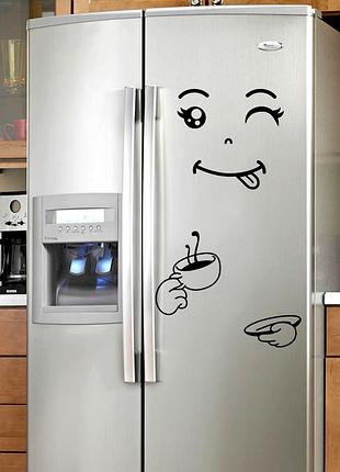 Наклейка на холодильник смайлик з кавою 28 на 20 см чорний