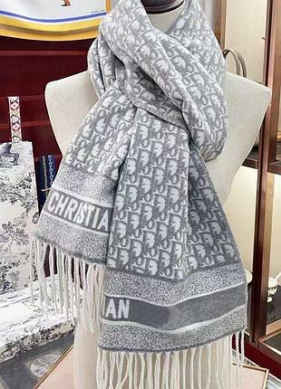 Палантин christian dior (діор) сірий, жіночий шарф діор з китицями 65×180 см