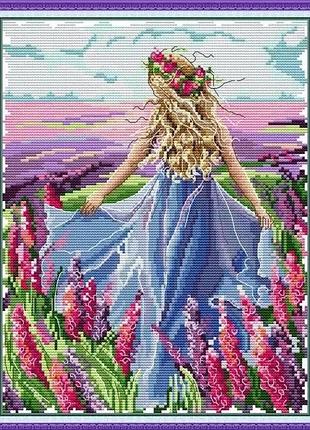 Набор для вышивания крестиком " девушка и поле цветов" (с рисунком на канве) 27 х 34 см