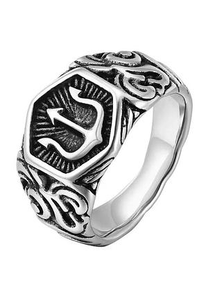 Кольцо серебристое тризубец печатка нержавеющая сталь женское мужское 19 размер