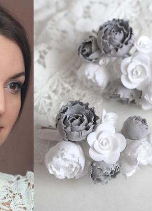 Заколка для волос ручной работы с пионами "серебро" 9-10 см(1шт)