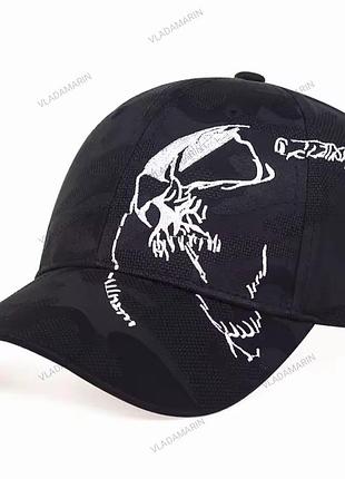 Кепка в кольорі чорний камуфляж з білою вишивкою черепа,готична бейсболка з вигнутим козирком(демон),унісекс
