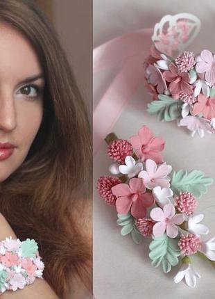 Розовый набор украшений ручной работы "нежная свежесть"(браслет+заколка)а