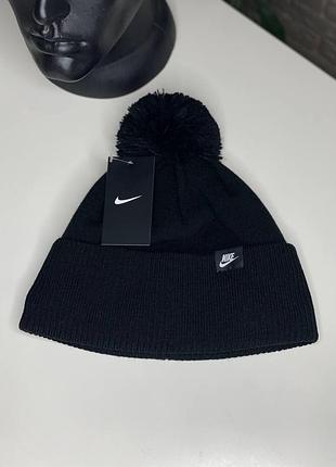 Мужская шапка nike с балабоном черная на флисе зимняя теплая с подворотом шерсть/акрил 52-60 см s m l xl