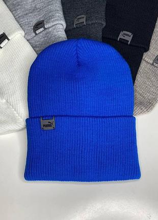 Женская шапка puma зимняя теплая высокая с подворотом/отворотом акрил в рубчик 52-62 см пума лопата вязка синий