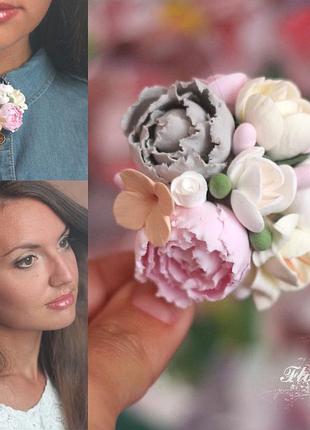 Шпилька/брош ручної роботи з квітами "шеббі шик".