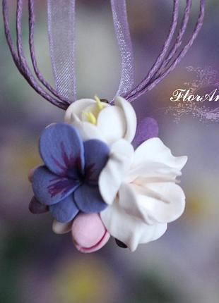 "прованс" фиолетовый кулон с цветами ручной работы из полимерной глины