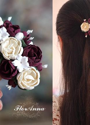 Заколка-автомат с цветами "элегантный бордо"
