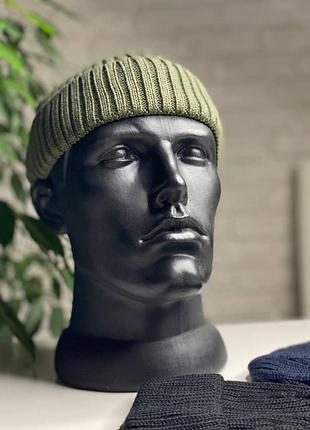 Чоловіча шапка-біні коротка waynerg в'язана зимова тепла шапка біні маленький логотип акрил/котон 52-60 см хакі