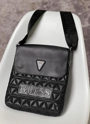 Мужская кожаная сумка / месенджер guess, черная барсетка