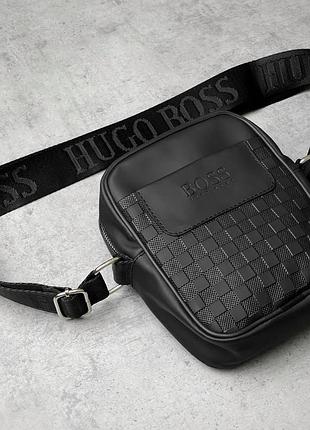 Барсетка шкіряна hugo boss, чорна, чоловіча сумка/месенджер