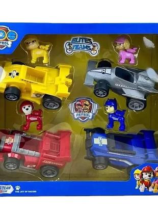 Набір героїв щенячий патруль 4 герої, 4 машинки, звук, підсвітка, інерція, гумові колеса, у коробці