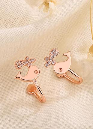 Каффы дельфинчики 2 шт, серьги без прокола на хрящ, покрытие родий или позолота, серебряное покрытие 925 пробы рожева позолота