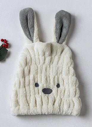 Шапка полотенце тюрбан для сушки волос микрофибра, чалма ведмежонок белый