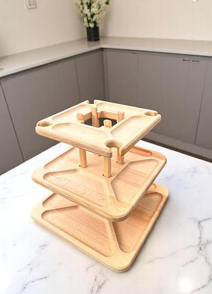Дерев'яний універсальний троьхярусний столик з бука 32x32x3 шт. трьох ярусна менажниця розбірна №2